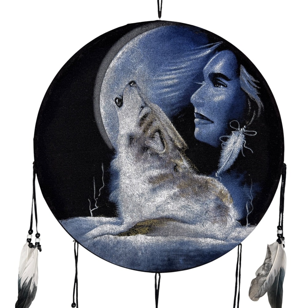 Howling Wolf Moon 16" Velvet Dreamcatcher Wall Hanging Blue Feathers Southwest - Picture 4 of 9